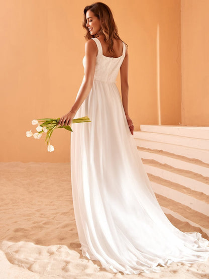 Minimalist Square Neckline High Slit Wedding Dress with Lace Applique #color_White