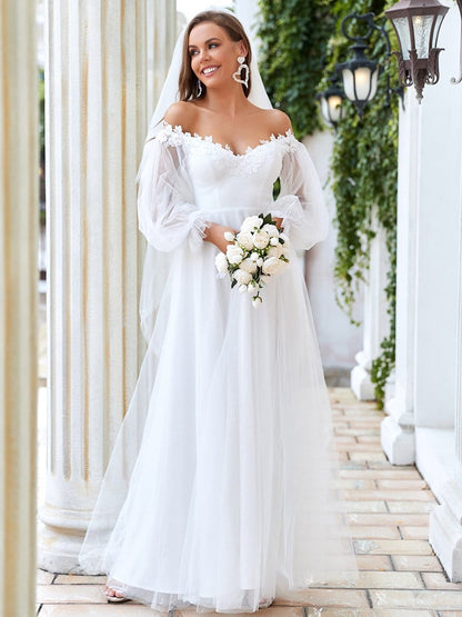 Sheer Lantern Sleeve Cold Shoulder Wedding Dress #color_Cream