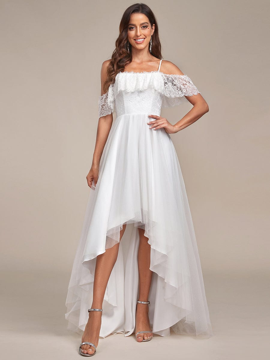 Cold Shoulder Lace High-Low Wedding Dress #color_Cream