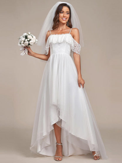 Cold Shoulder Lace High-Low Wedding Dress #color_Cream