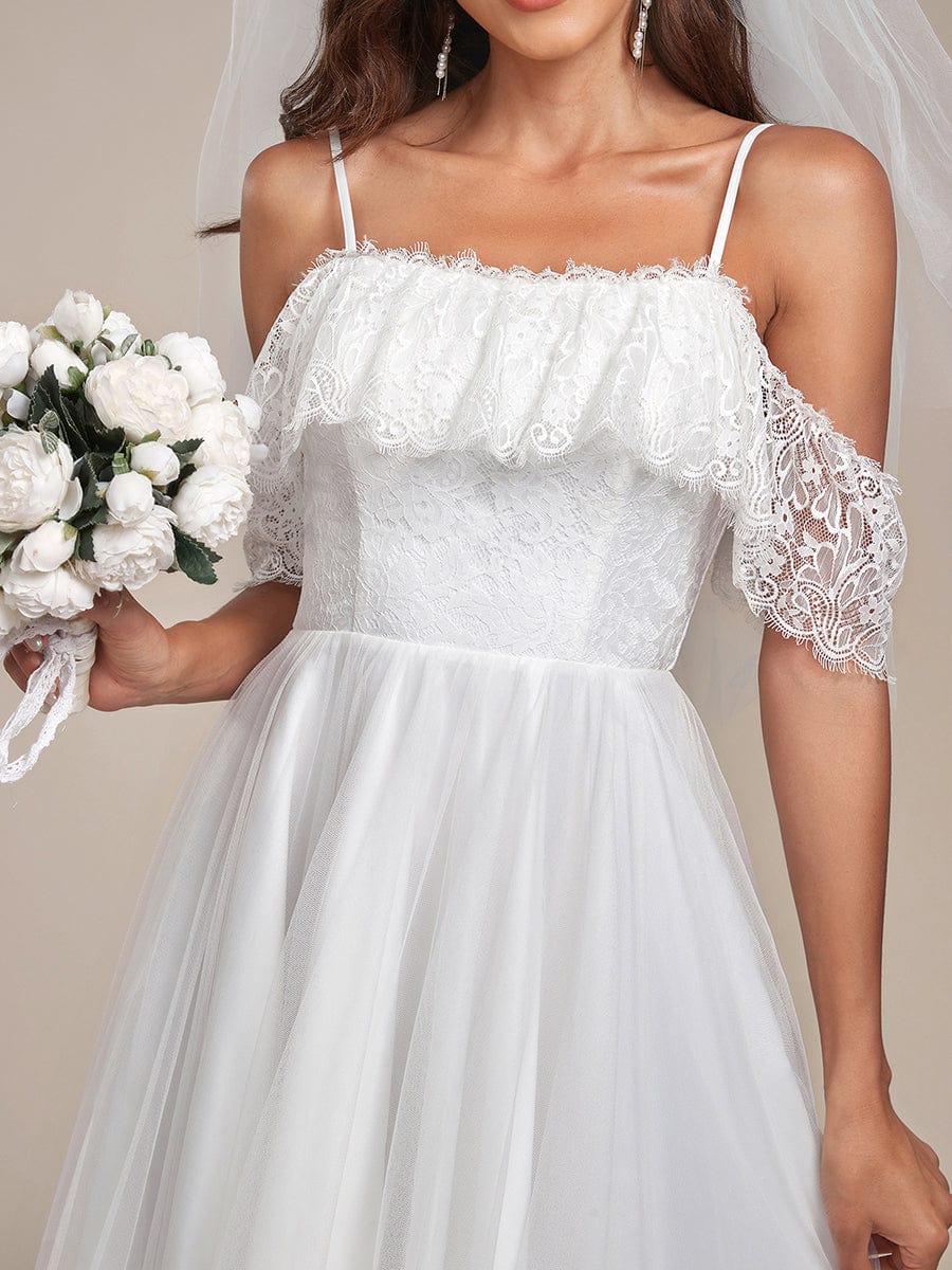 Cold Shoulder Lace High-Low Wedding Dress #color_Cream