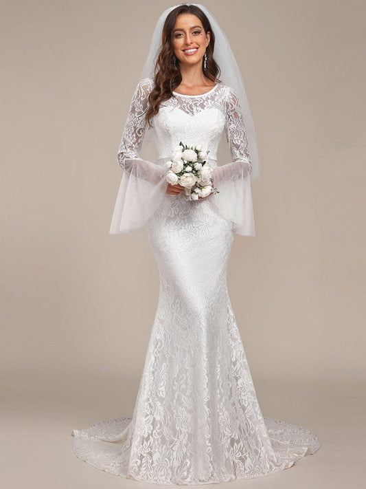 Sweetheart Long Bell Sleeve Mermaid Wedding Dress #color_Cream