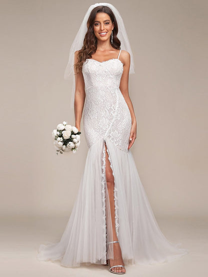 Custom Size Floral Spaghetti Strap Lace Backless Long Mermaid Wedding Dress #color_Cream