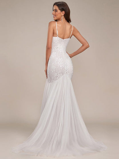 Spagetti Strap Lace Backless Long Fishtail Wedding Dress #color_Cream