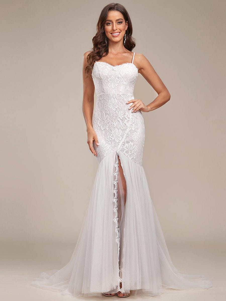 Spagetti Strap Lace Backless Long Fishtail Wedding Dress #color_Cream