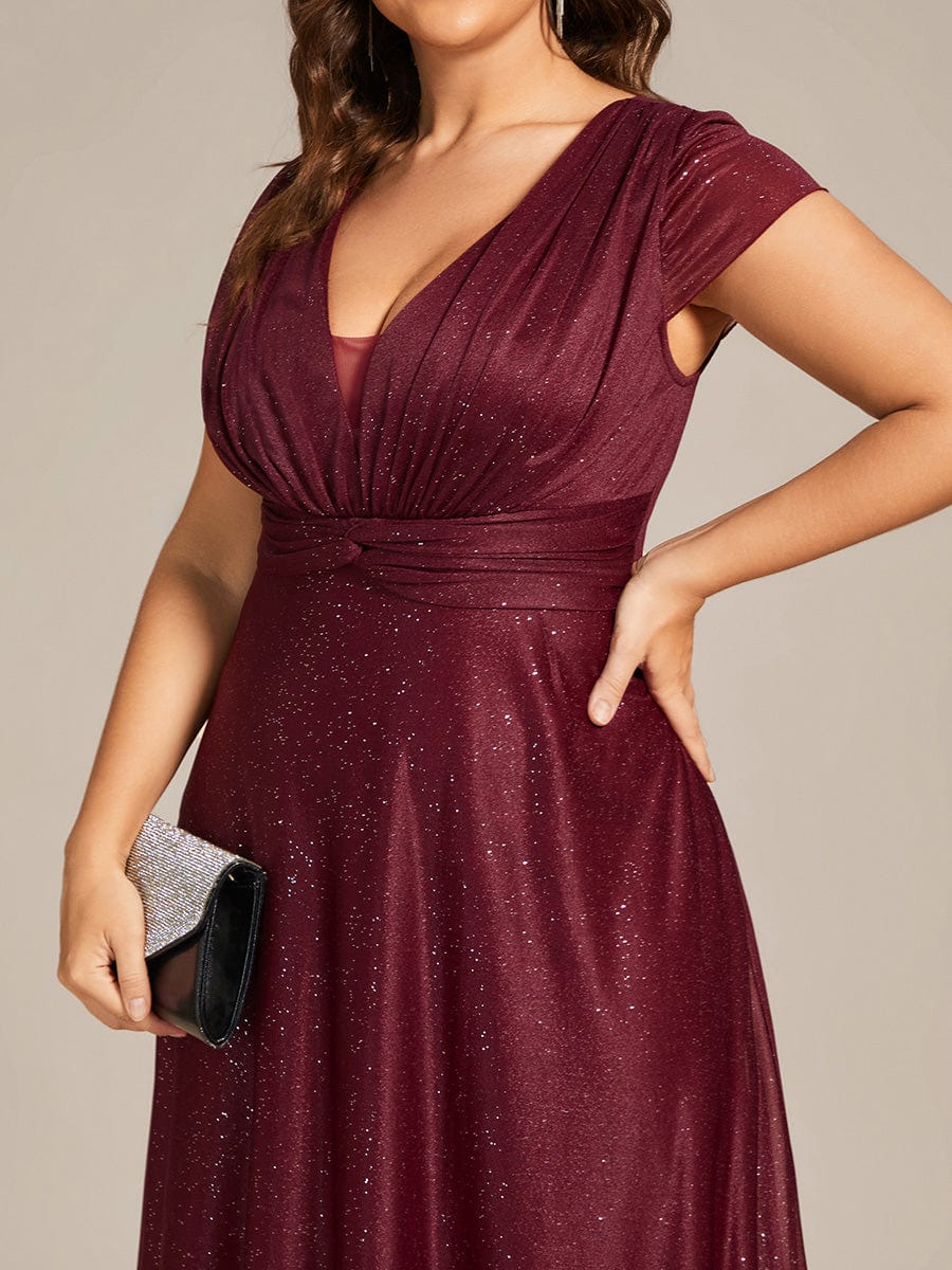 Custom Size Plus Size Cap Sleeve V-neck A-line Mother of the Bride Dress #color_Burgundy