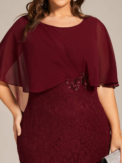 Custom Size Floral Embroidered Lace Sheath Gown With Chiffon capelet #color_Burgundy