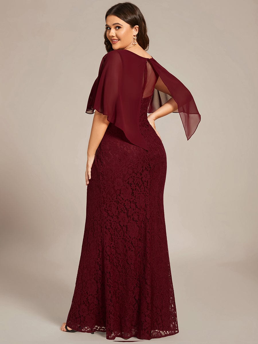 Custom Size Floral Embroidered Lace Sheath Gown With Chiffon capelet #color_Burgundy