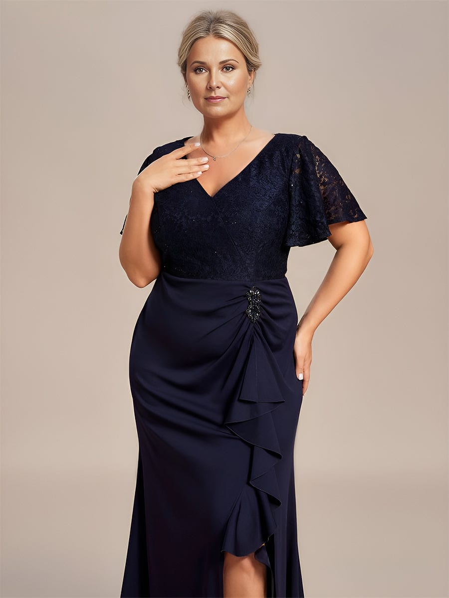 Plus Size Lotus Leaf Hemline Bodycon Lace Top Mother of the Bride Dress #color_Navy Blue