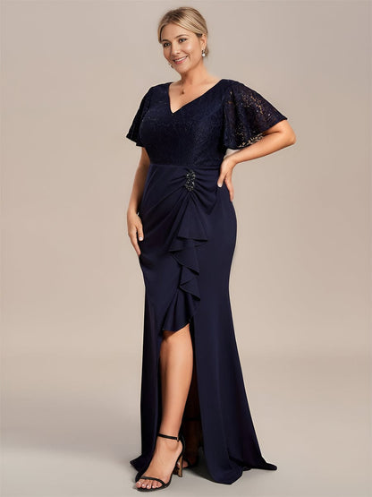 Plus Size Lotus Leaf Hemline Bodycon Lace Top Mother of the Bride Dress #color_Navy Blue