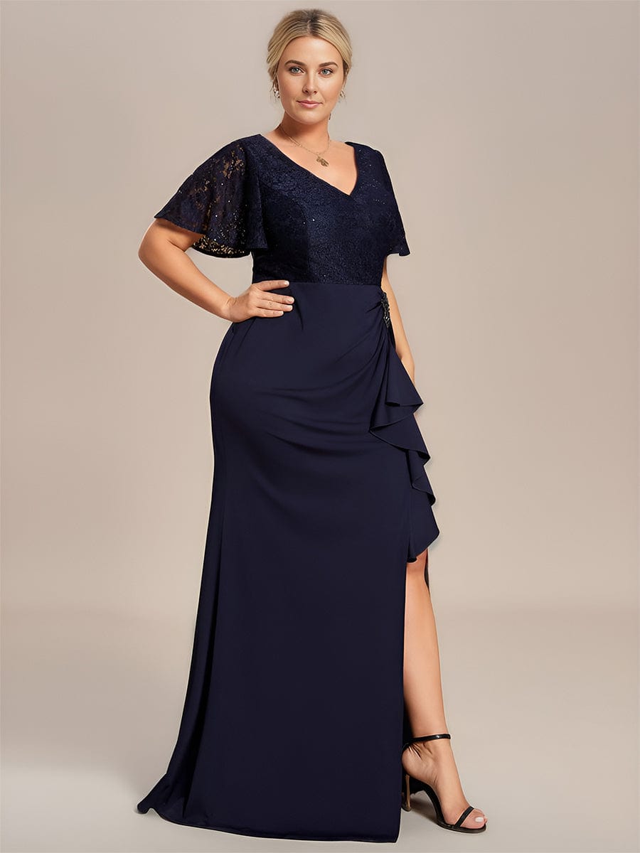 Plus Size Lotus Leaf Hemline Bodycon Lace Top Mother of the Bride Dress #color_Navy Blue