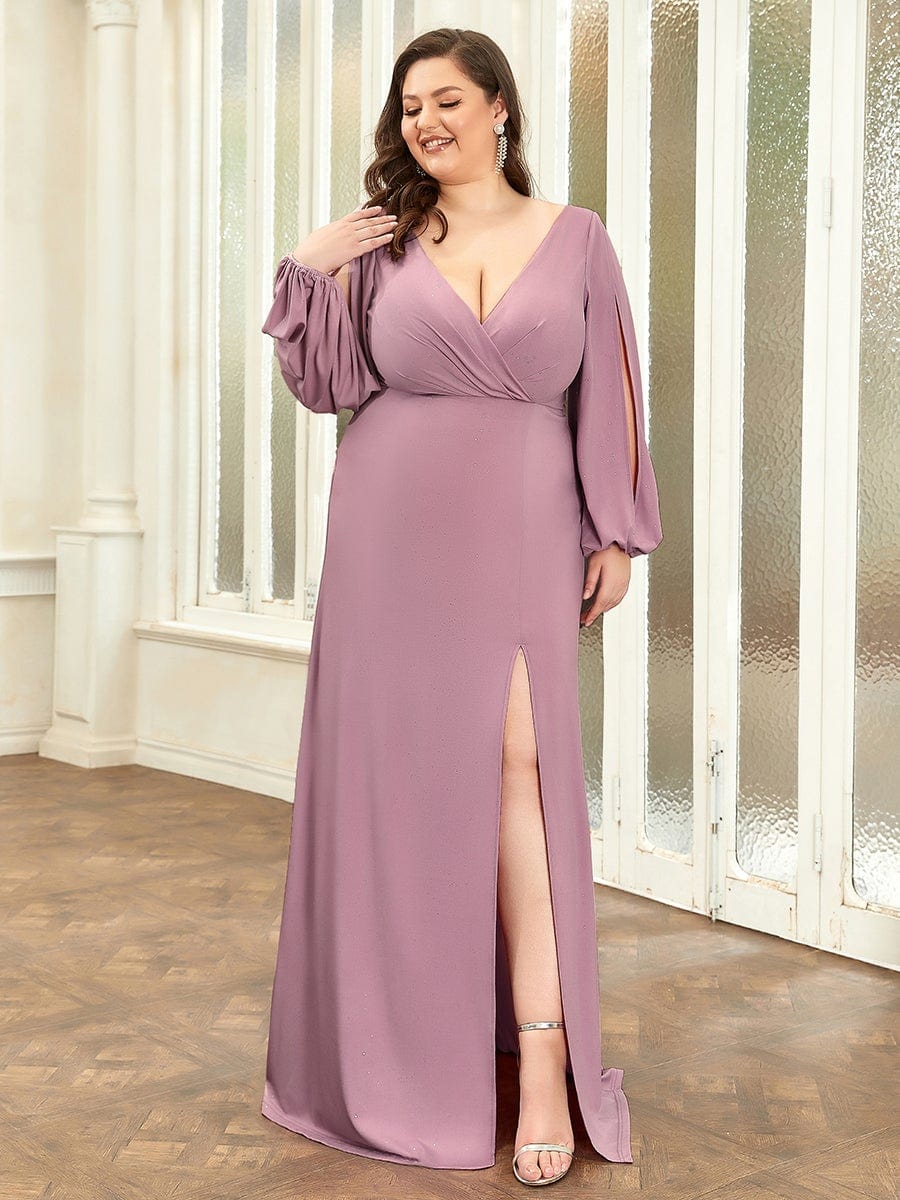 Plus Size Lantern Sleeve V-Neck Floor-Length Mother of the Bride Dress #color_Purple Orchid 