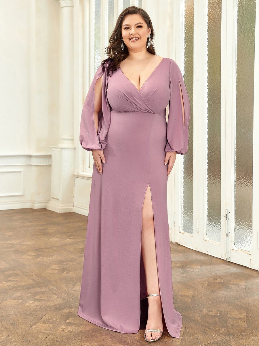 Plus Size Lantern Sleeve V-Neck Floor-Length Mother of the Bride Dress #color_Purple Orchid 