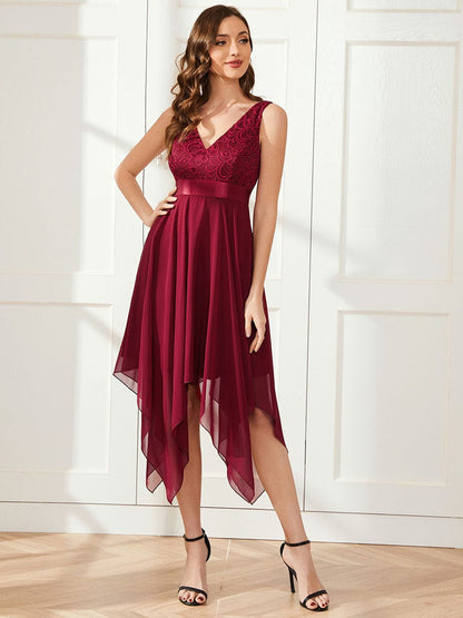 Deep V-Neck Lace Chiffon Bridesmaid Dress with Asymmetrical Hem #color_Burgundy