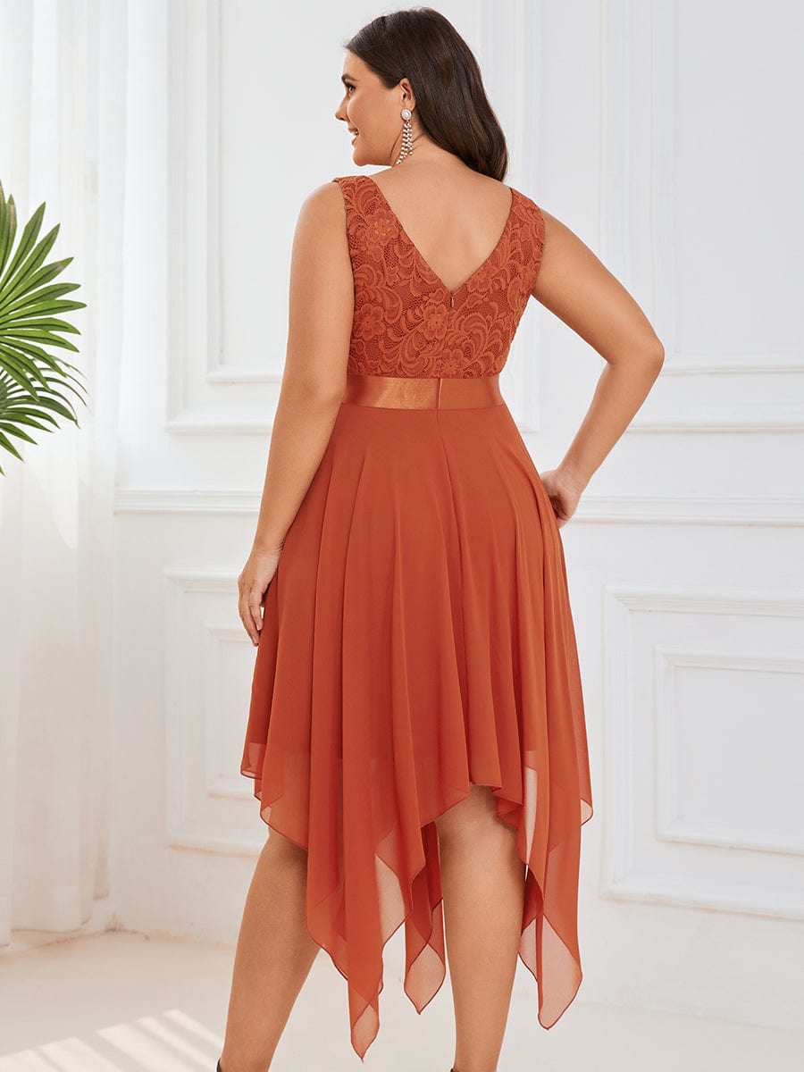 Deep V-Neck Lace Chiffon Bridesmaid Dress with Asymmetrical Hem #color_Burnt Orange