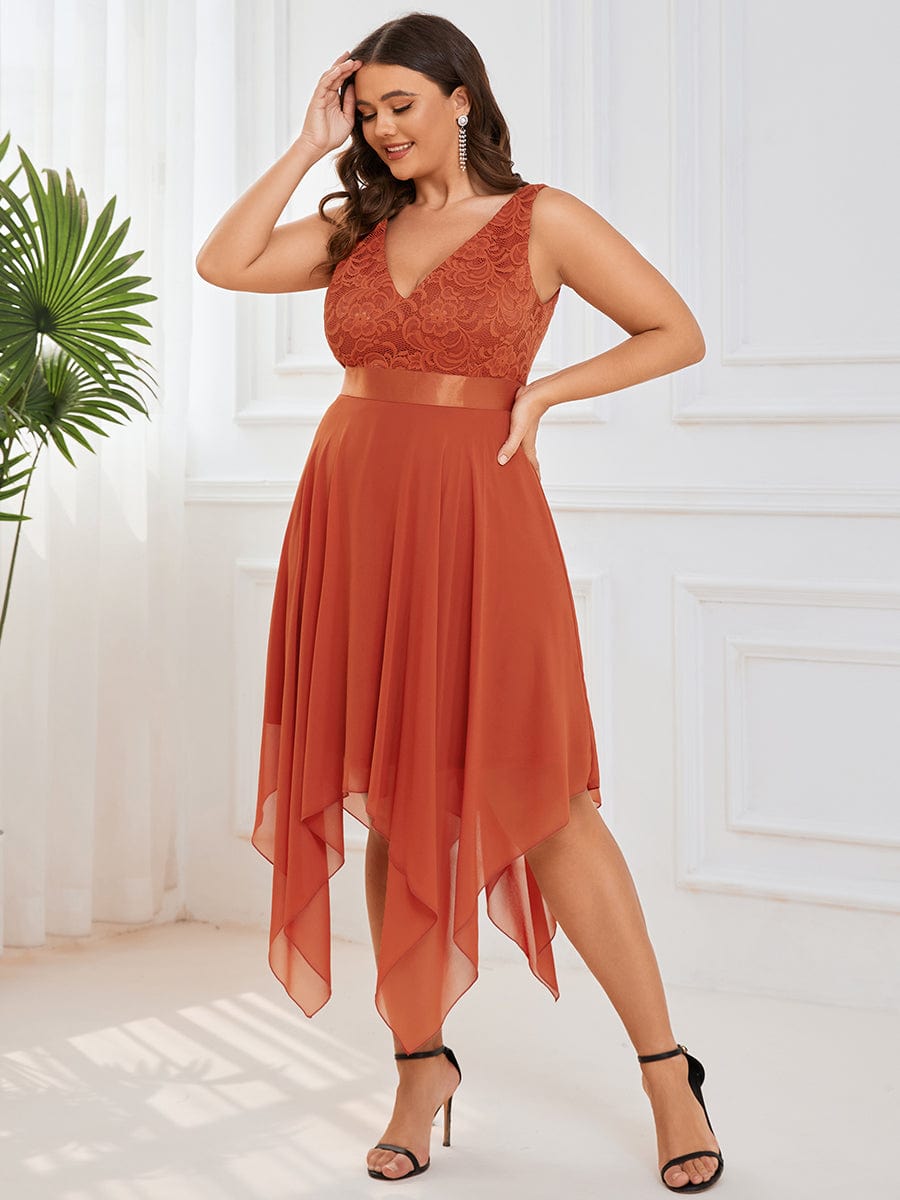 Plus Size Stunning V Neck Lace & Chiffon Prom Dress for Women #color_Burnt Orange