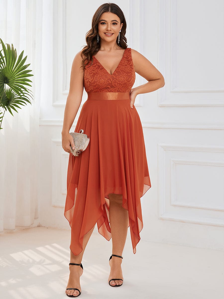 Deep V-Neck Lace Chiffon Bridesmaid Dress with Asymmetrical Hem #color_Burnt Orange