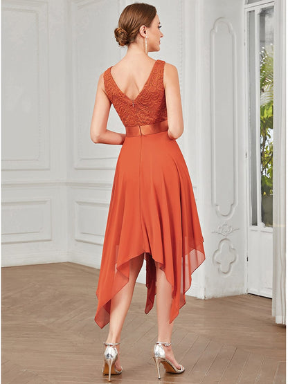 Deep V-Neck Lace Chiffon Bridesmaid Dress with Asymmetrical Hem #color_Burnt Orange