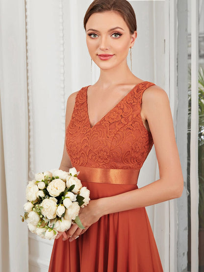 Deep V-Neck Lace Chiffon Bridesmaid Dress with Asymmetrical Hem #color_Burnt Orange