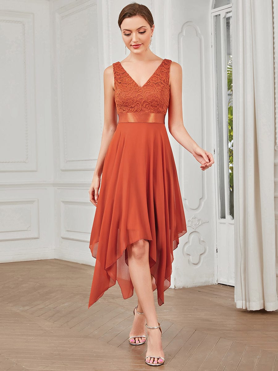 Deep V-Neck Lace Chiffon Bridesmaid Dress with Asymmetrical Hem #color_Burnt Orange