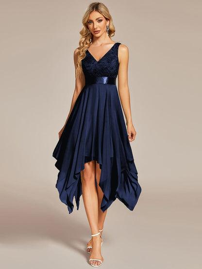 Deep V-Neck Lace Chiffon Bridesmaid Dress with Asymmetrical Hem #color_Navy Blue