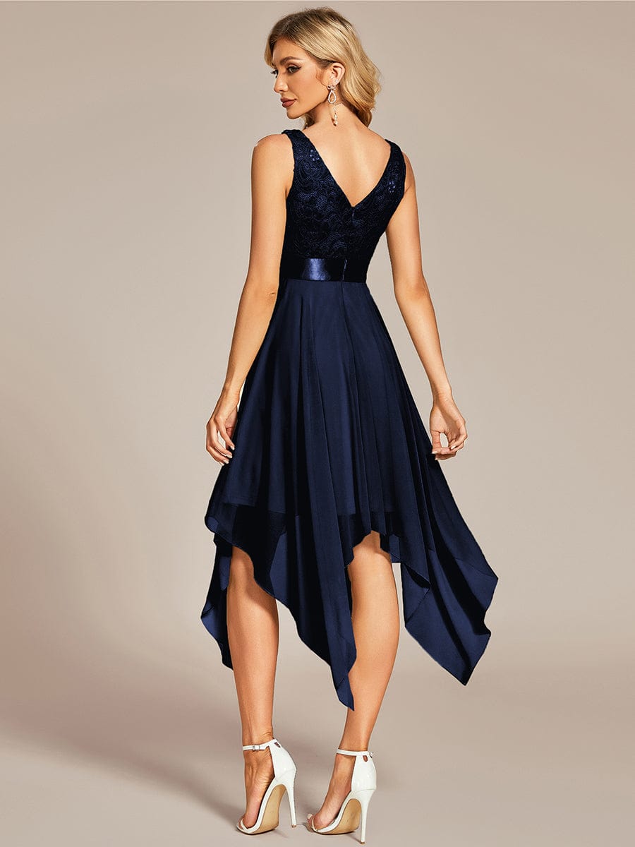 Deep V-Neck Lace Chiffon Bridesmaid Dress with Asymmetrical Hem #color_Navy Blue