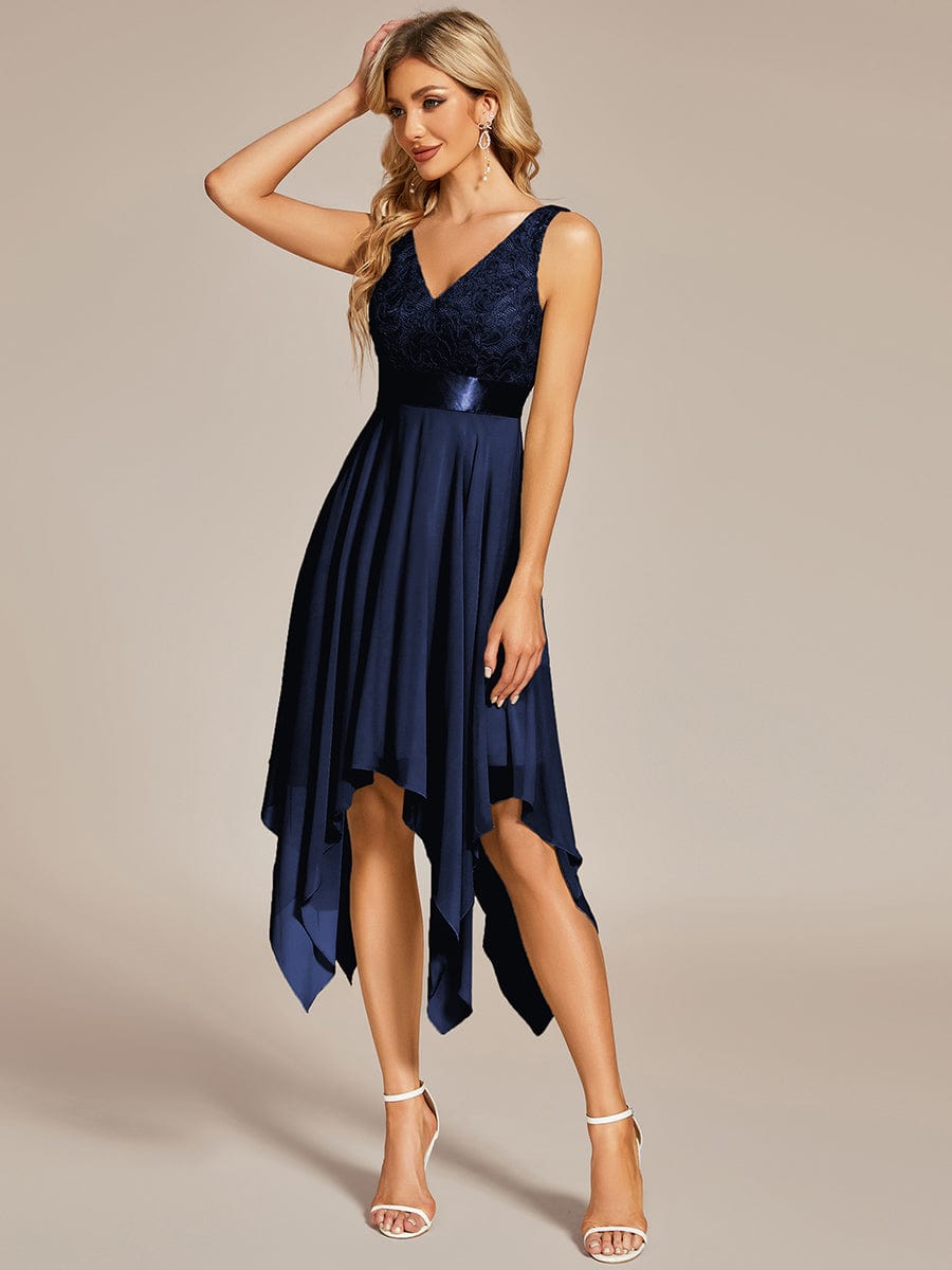 Deep V-Neck Lace Chiffon Bridesmaid Dress with Asymmetrical Hem #color_Navy Blue