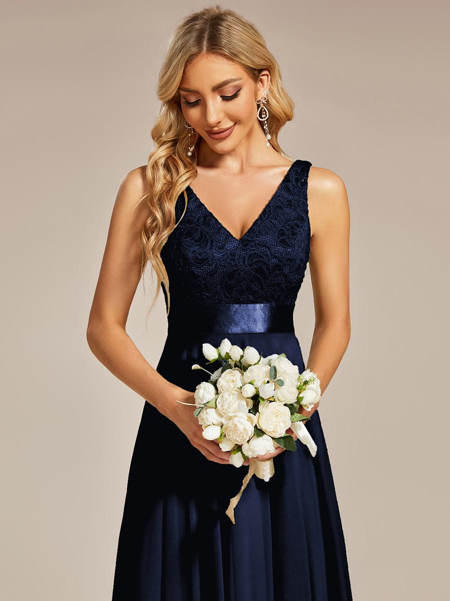 Deep V-Neck Lace Chiffon Bridesmaid Dress with Asymmetrical Hem #color_Navy Blue