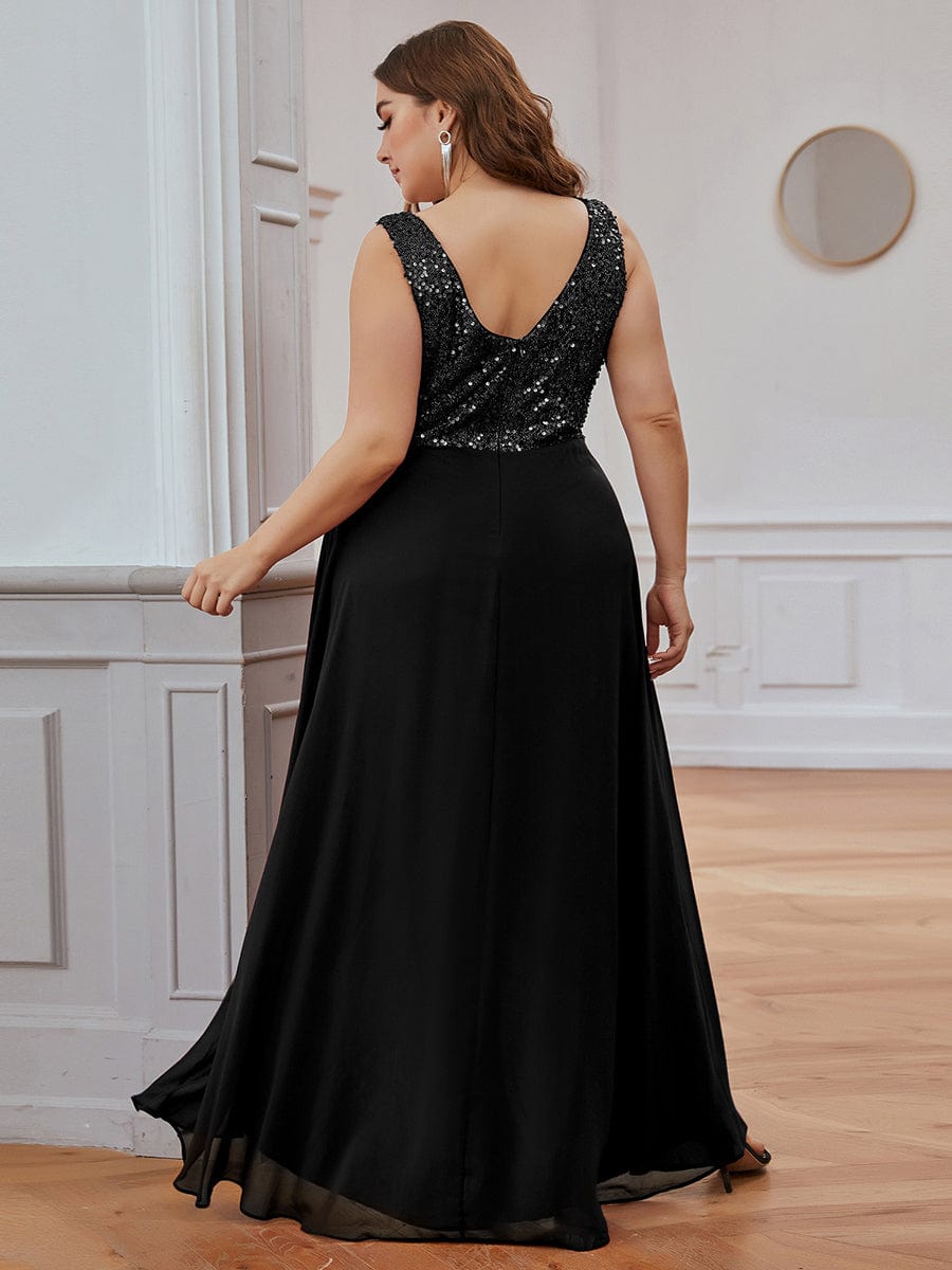 Elegant Paillette & Chiffon V-Neck A-Line Sleeveless Plus Size Evening Dresses #color_Black