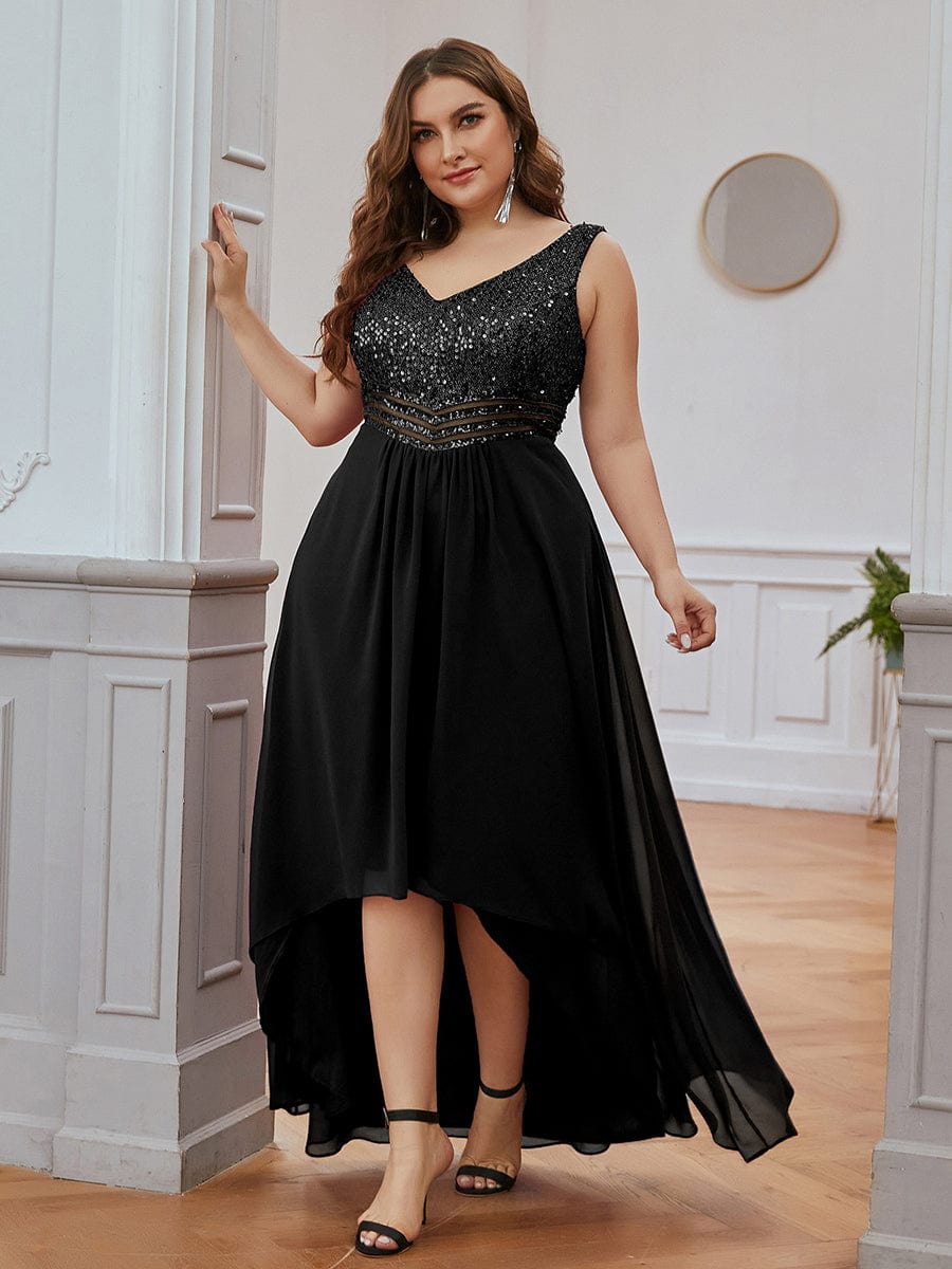 Elegant Paillette & Chiffon V-Neck A-Line Sleeveless Plus Size Evening Dresses #color_Black