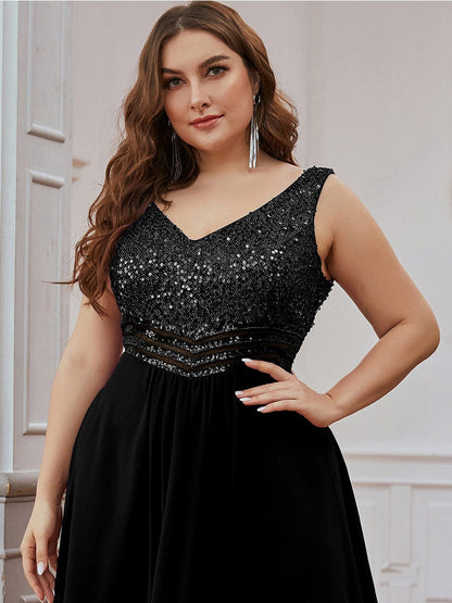 Elegant Paillette & Chiffon V-Neck A-Line Sleeveless Plus Size Evening Dresses #color_Black