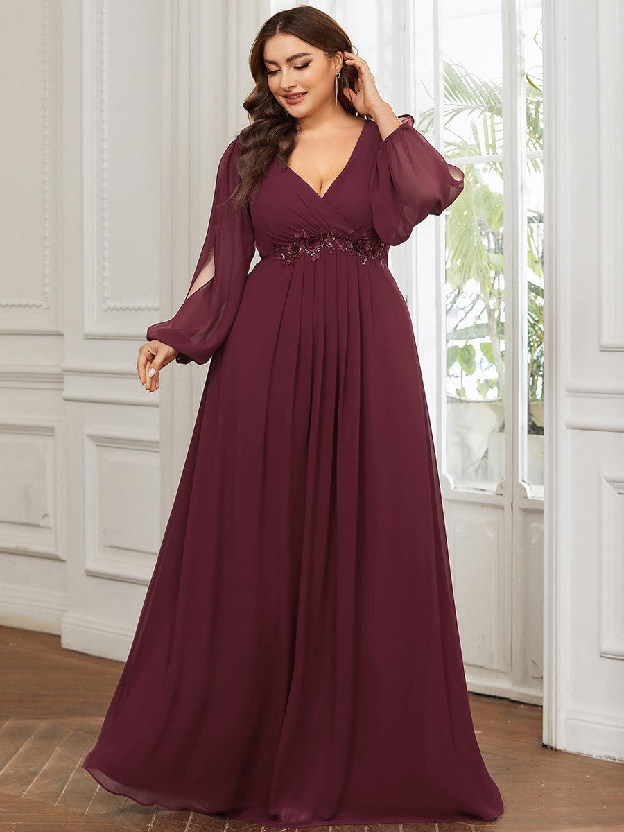 Stylish Plus Size Chiffon Formal Evening Dresses with Long Lantern Sleeves #color_Burgundy