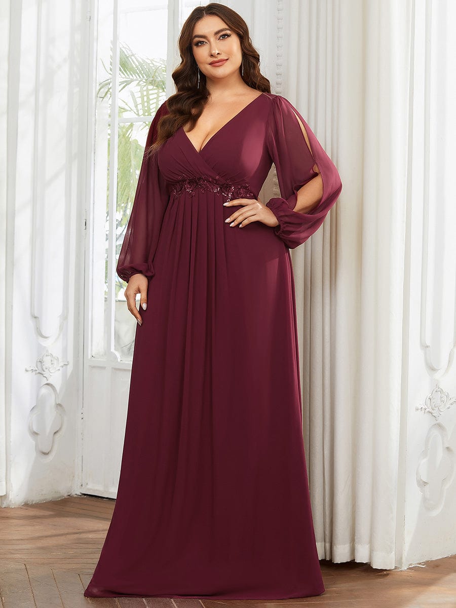 Stylish Plus Size Chiffon Formal Evening Dresses with Long Lantern Sleeves #color_Burgundy