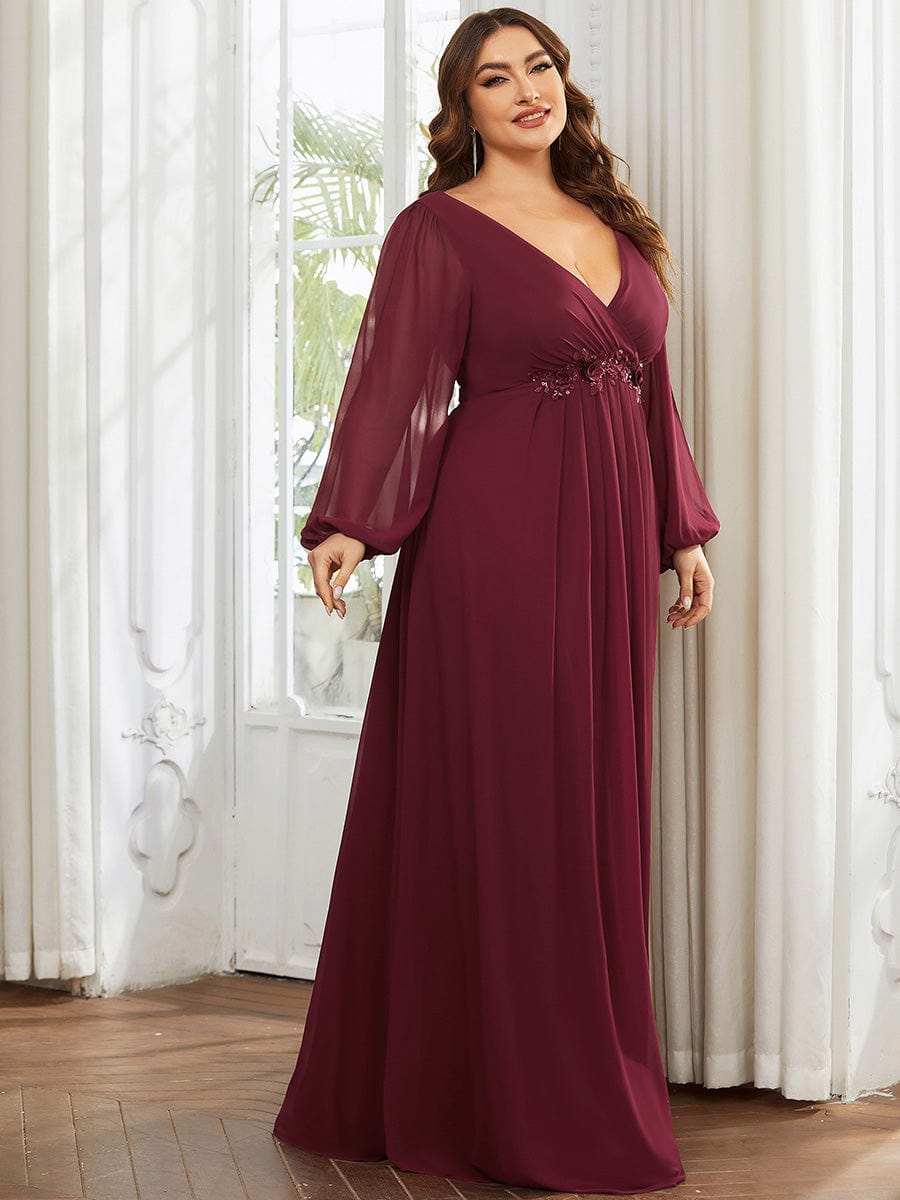 Stylish Plus Size Chiffon Formal Evening Dresses with Long Lantern Sleeves #color_Burgundy