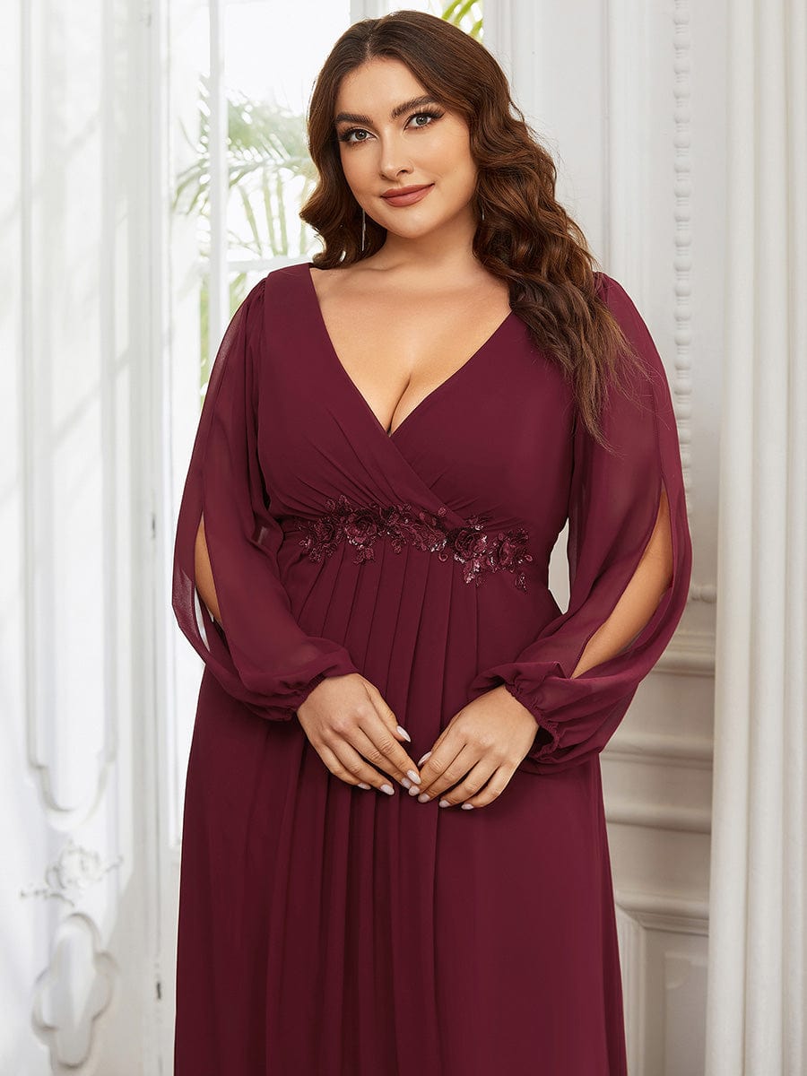 Stylish Plus Size Chiffon Formal Evening Dresses with Long Lantern Sleeves #color_Burgundy