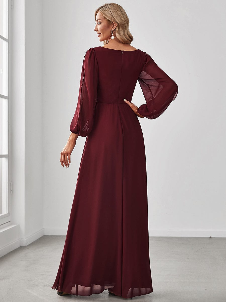 Elegant Chiffon V-Neckline Long Sleeve Formal Evening Dress #color_Burgundy