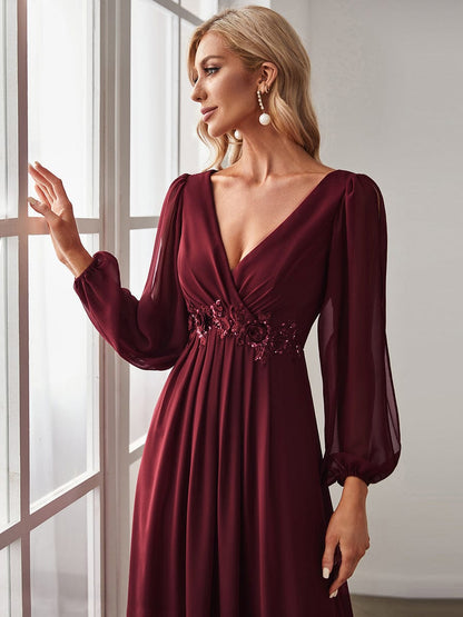 Elegant Chiffon V-Neckline Long Sleeve Formal Evening Dress #color_Burgundy