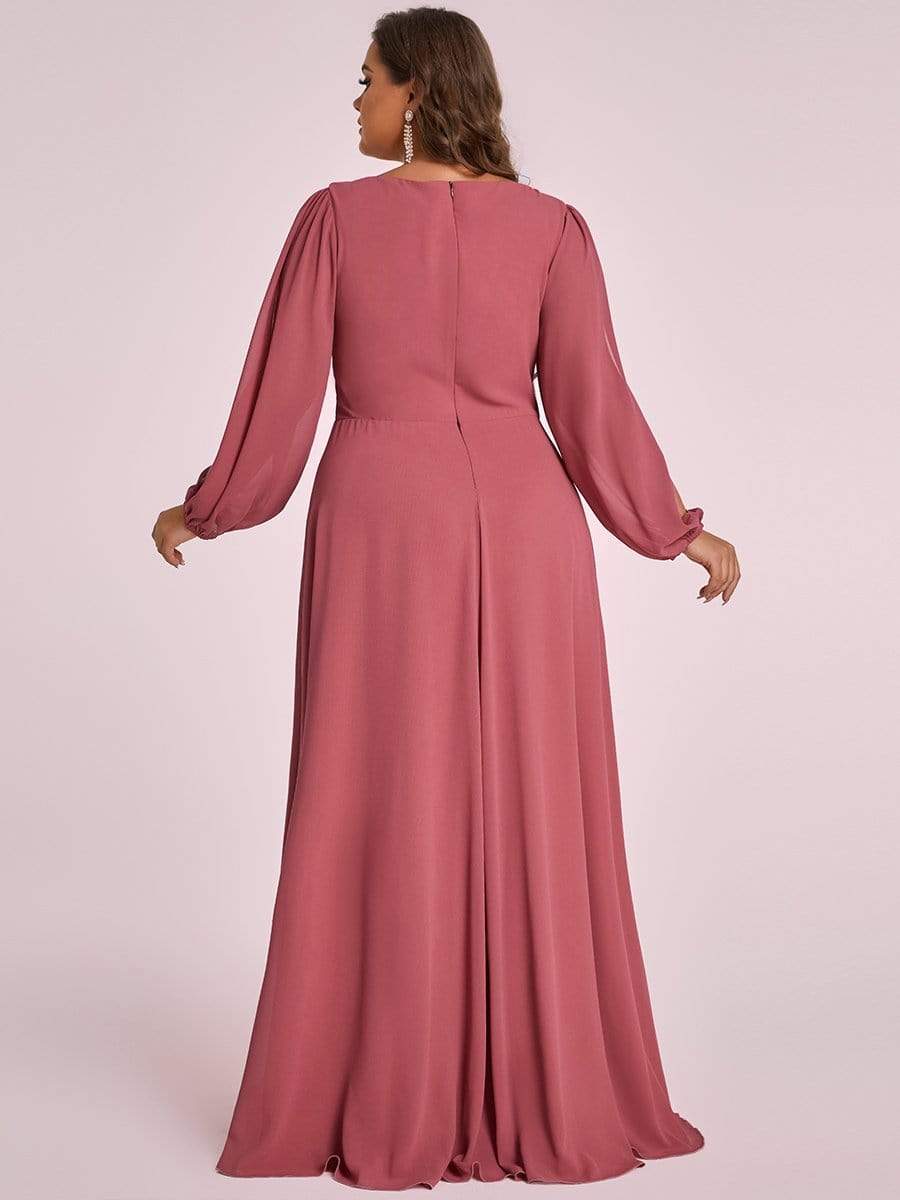 Stylish Plus Size Chiffon Formal Evening Dresses with Long Lantern Sleeves #color_Cameo Brown