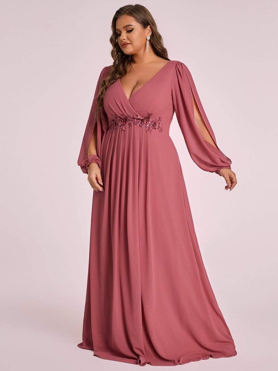 Stylish Plus Size Chiffon Formal Evening Dresses with Long Lantern Sleeves #color_Cameo Brown