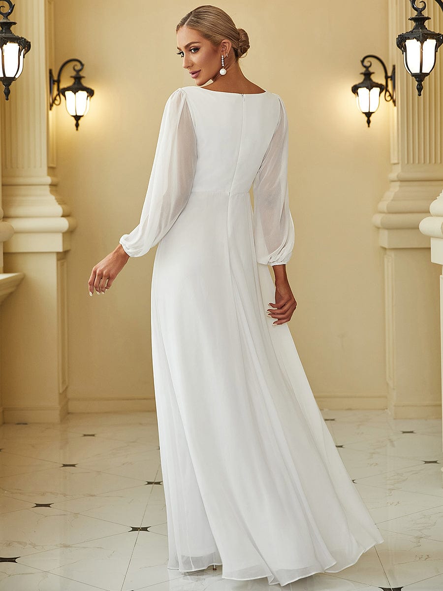 Elegant Chiffon V-Neckline Long Sleeve Formal Evening Dress #color_Cream