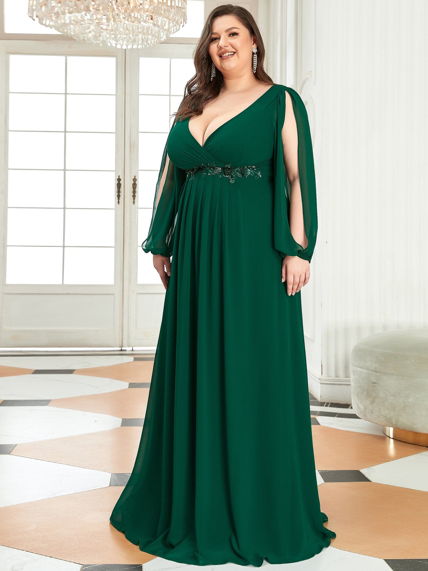 Stylish Plus Size Chiffon Formal Evening Dresses with Long Lantern Sleeves #color_Dark Green