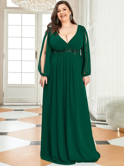 Elegant Chiffon V-Neckline Long Sleeve Formal Evening Dress #color_Dark Green