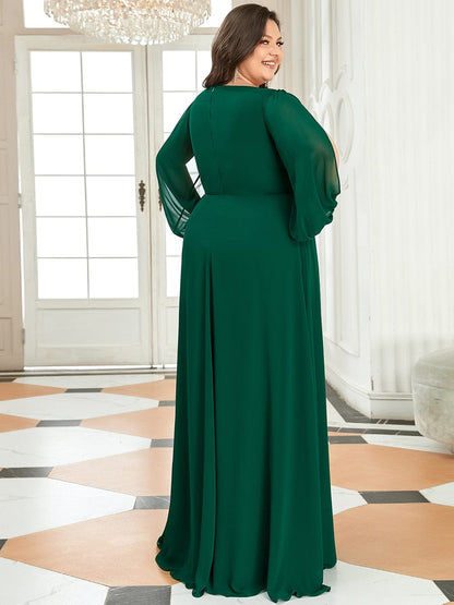 Stylish Plus Size Chiffon Formal Evening Dresses with Long Lantern Sleeves #color_Dark Green