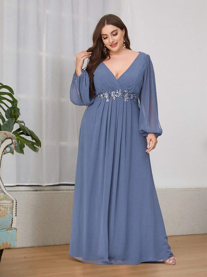 Stylish Plus Size Chiffon Formal Evening Dresses with Long Lantern Sleeves #color_Dusty Navy