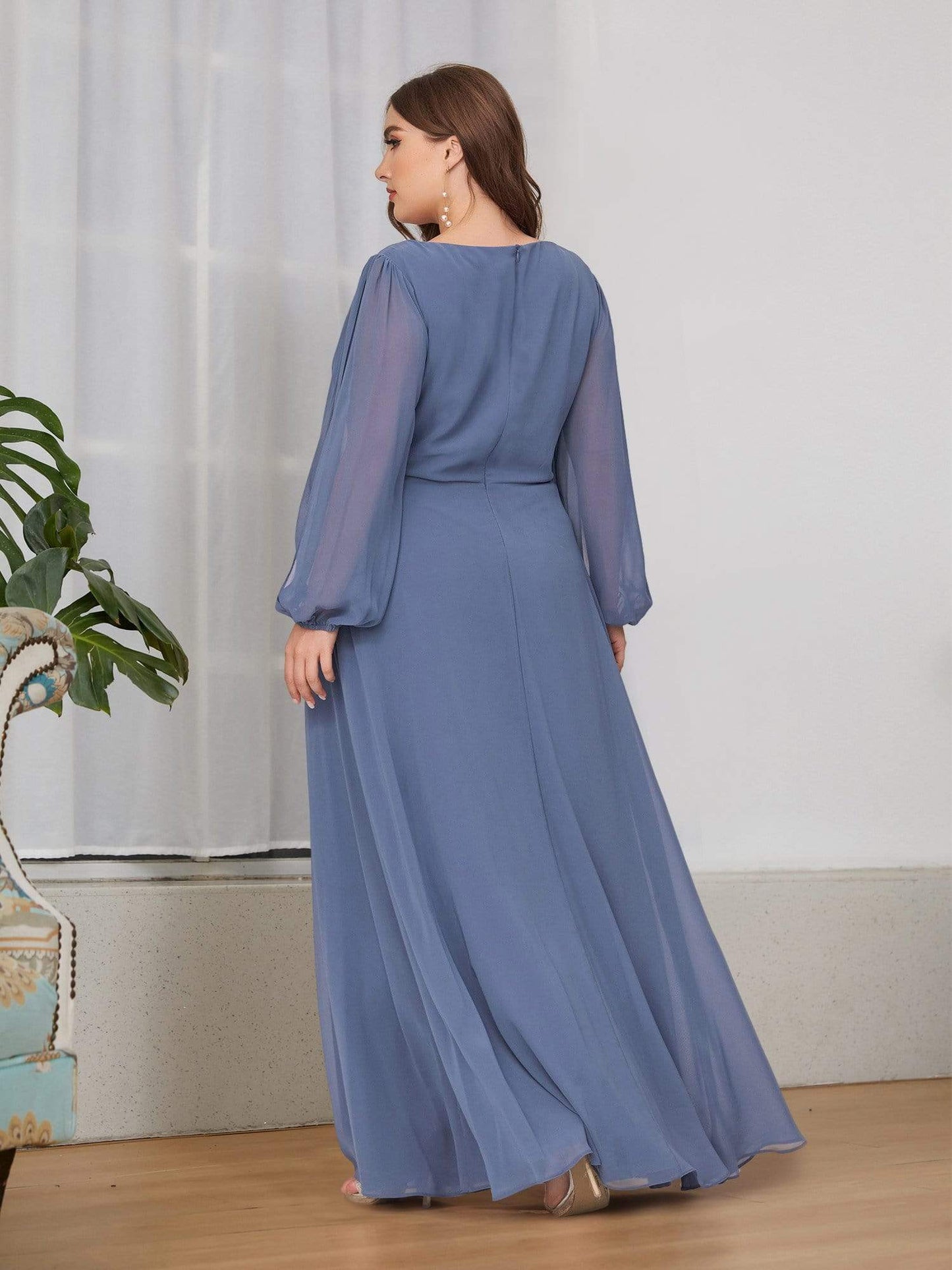 Stylish Plus Size Chiffon Formal Evening Dresses with Long Lantern Sleeves #color_Dusty Navy