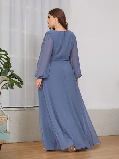 Stylish Plus Size Chiffon Formal Evening Dresses with Long Lantern Sleeves #color_Dusty Navy