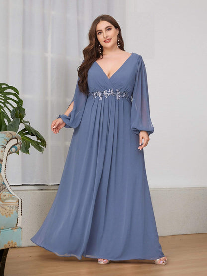 Stylish Plus Size Chiffon Formal Evening Dresses with Long Lantern Sleeves #color_Dusty Navy