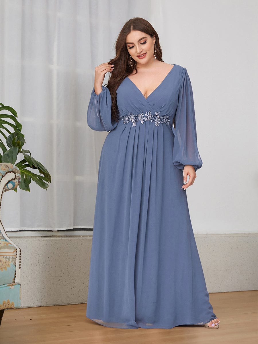 Elegant Chiffon V-Neckline Long Sleeve Formal Evening Dress #color_Dusty Navy