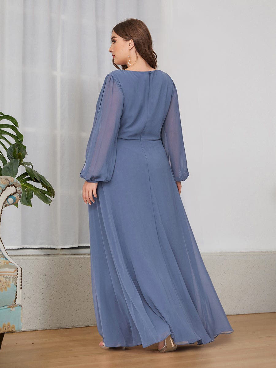 Elegant Chiffon V-Neckline Long Sleeve Formal Evening Dress #color_Dusty Navy