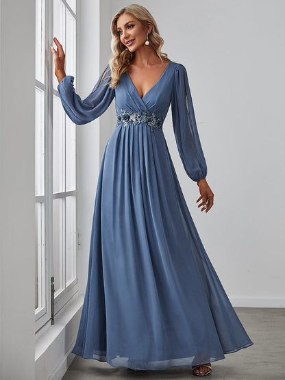 Elegant Chiffon V-Neckline Long Sleeve Formal Evening Dress #color_Dusty Navy